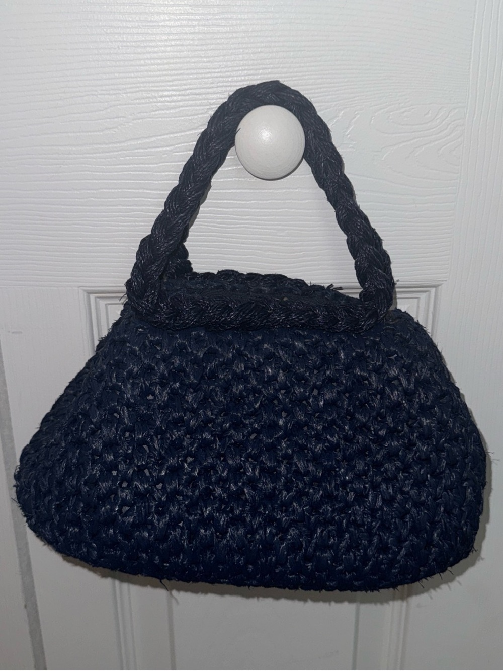 1960’s Handbag Purse Navy Blue woven Raffia coin Purse Closure